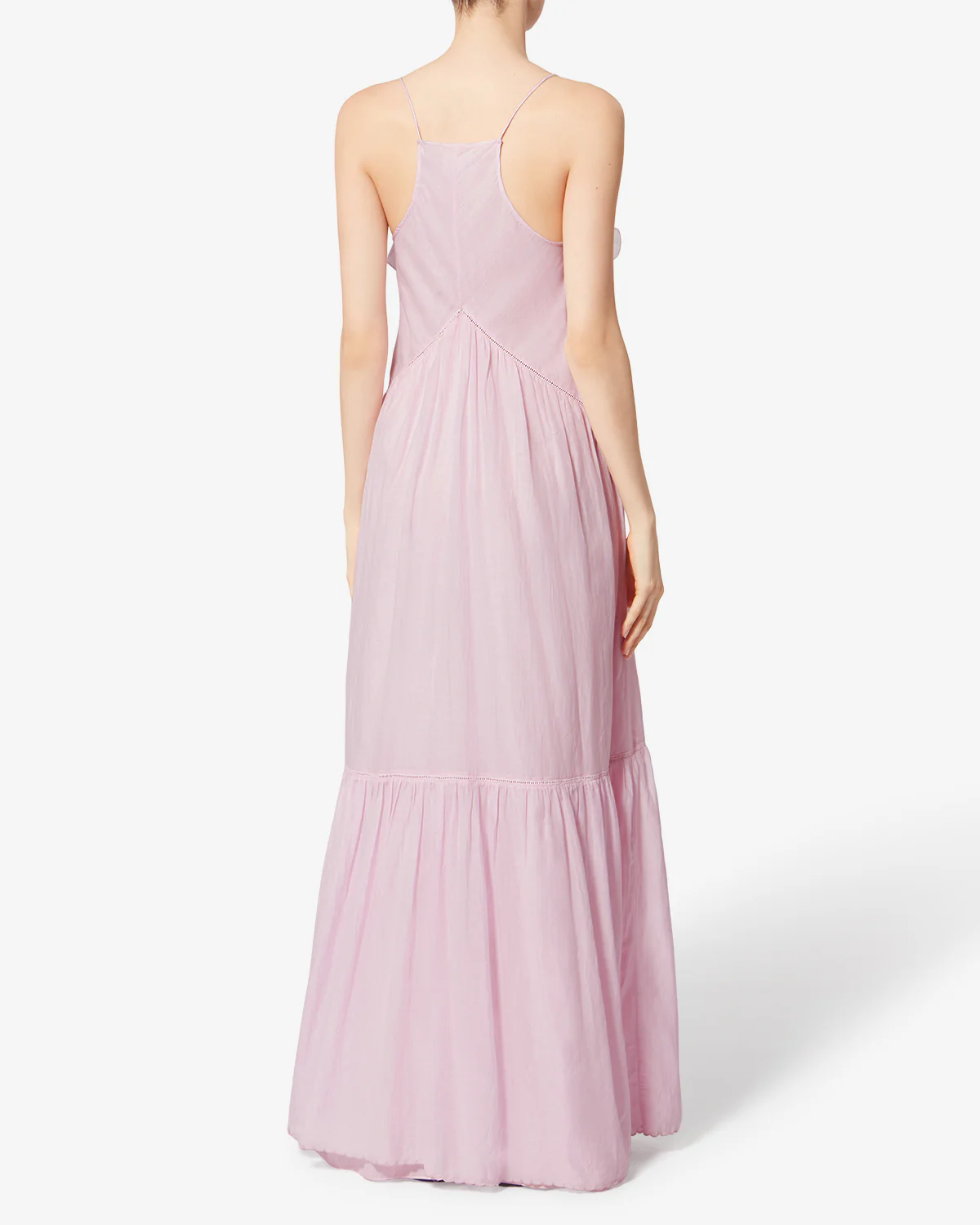Robe longue &agrave; fines bretelles Vasma Isabel Marant Etoile en voile de coton rose p&acirc;le, port&eacute; de dos.