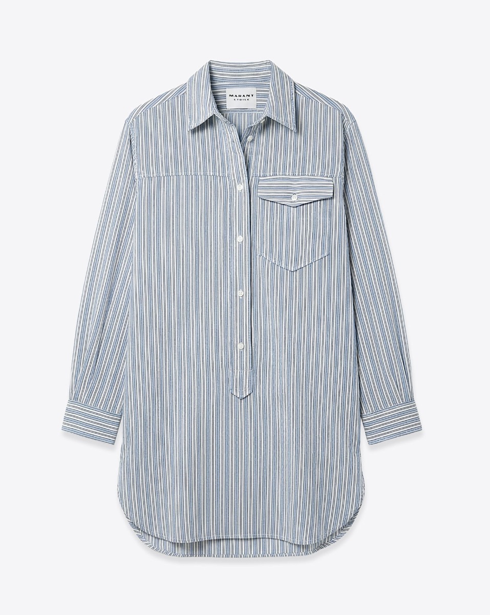 Robe chemise Loriane Isabel Marant Etoile en coton ray&eacute; bleu, vue de face.