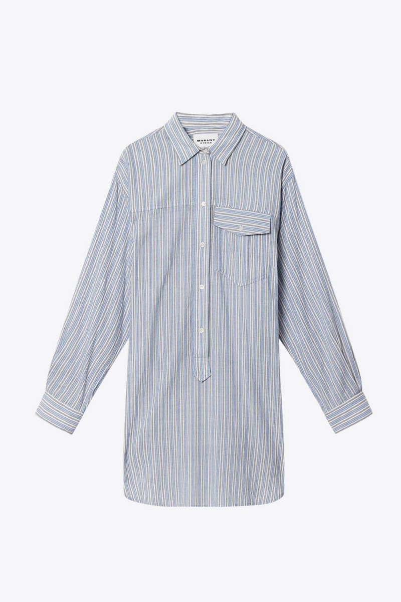Robe chemise Loriane Isabel Marant Etoile en coton ray&eacute; bleu. Vue de face.
