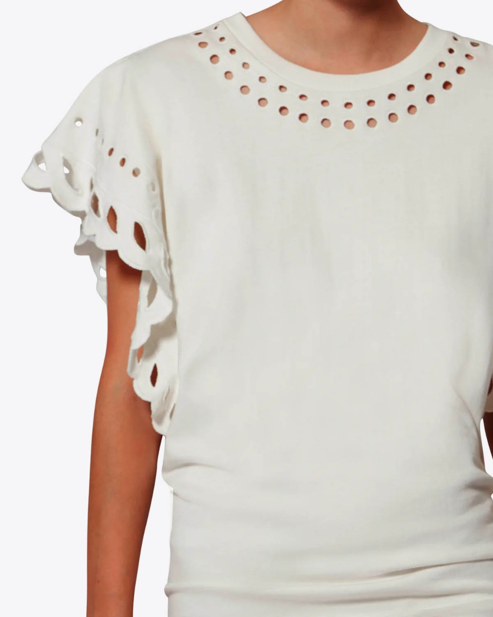 Robe Orlane Isabel Marant Etoile en jersey de coton brod&eacute; &eacute;cru. D&eacute;tail des manches brod&eacute;es.