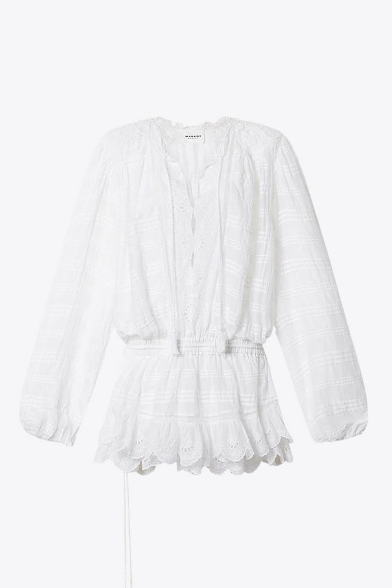 Robe Preya Isabel Marant Etoile en voile de coton blanc et dentelle. Vue de face.