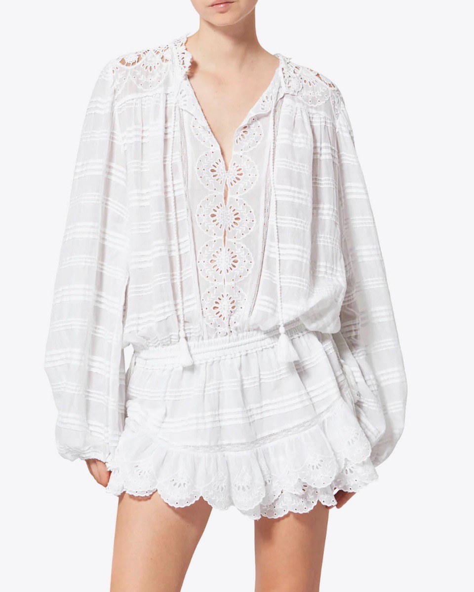 Robe Preya Isabel Marant Etoile en voile de coton blanc et dentelle, port&eacute;e de face.