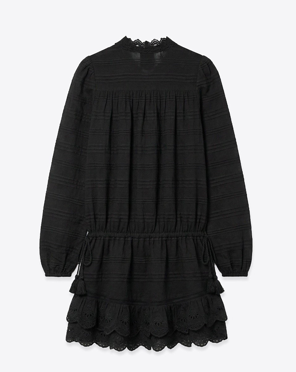 Robe courte manches longues Preya Isabel Marant Etoile en voile de coton et dentelle noire, vue de dos.