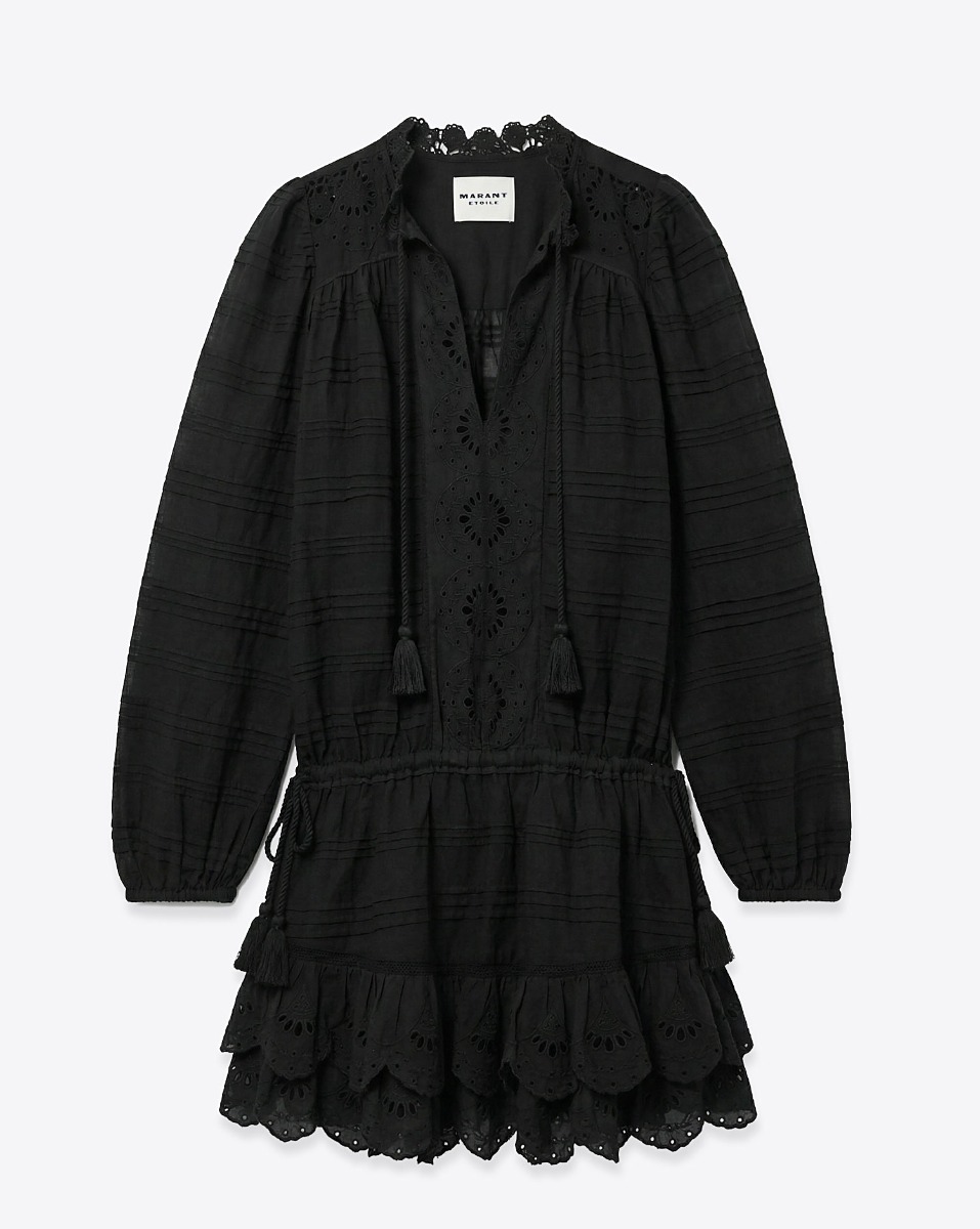 Robe courte manches longues Preya Isabel Marant Etoile en voile de coton et dentelle noire, vue de face.