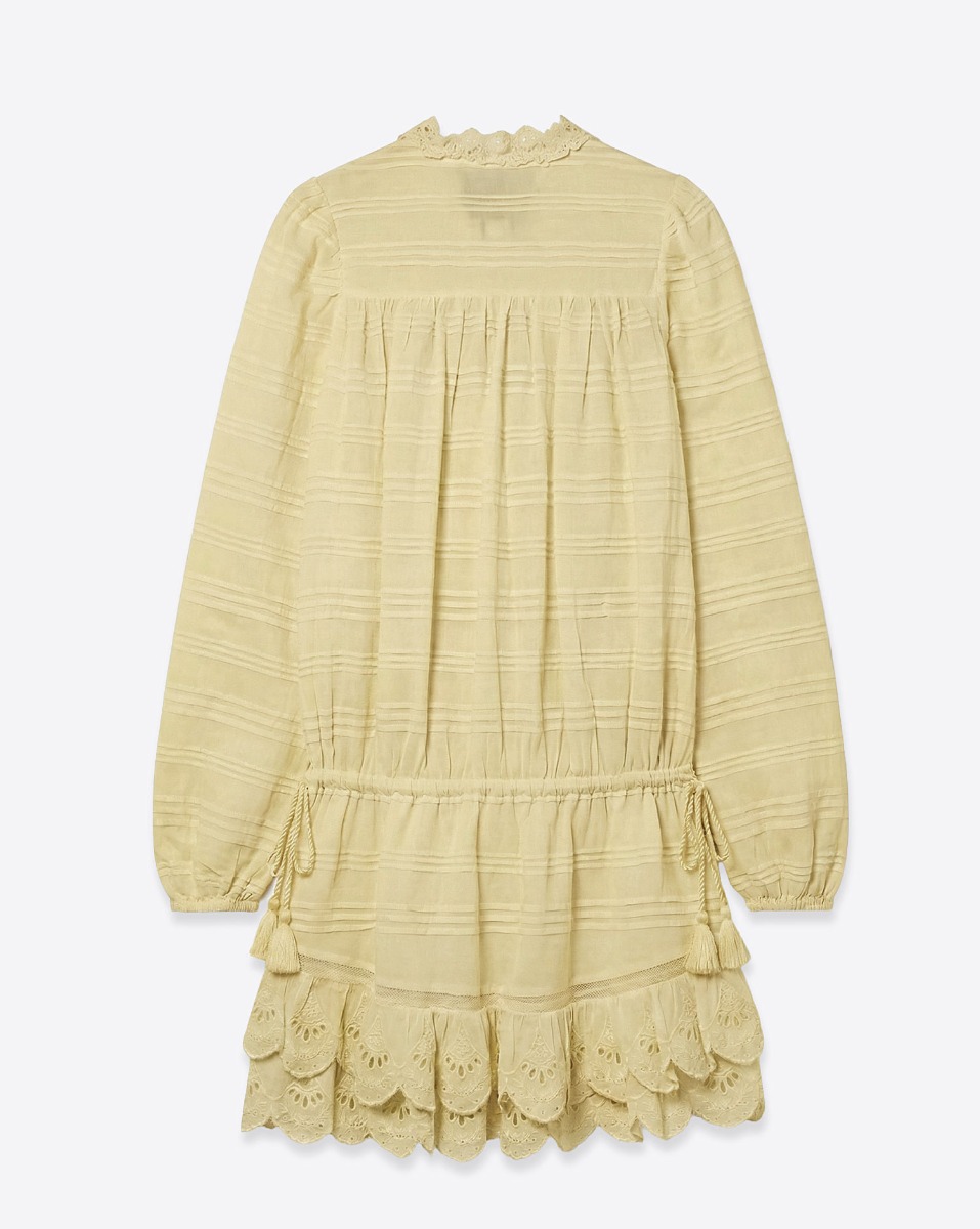 Robe courte manches longues Preya Isabel Marant Etoile en voile de coton ocre clair et dentelle, vue de dos.