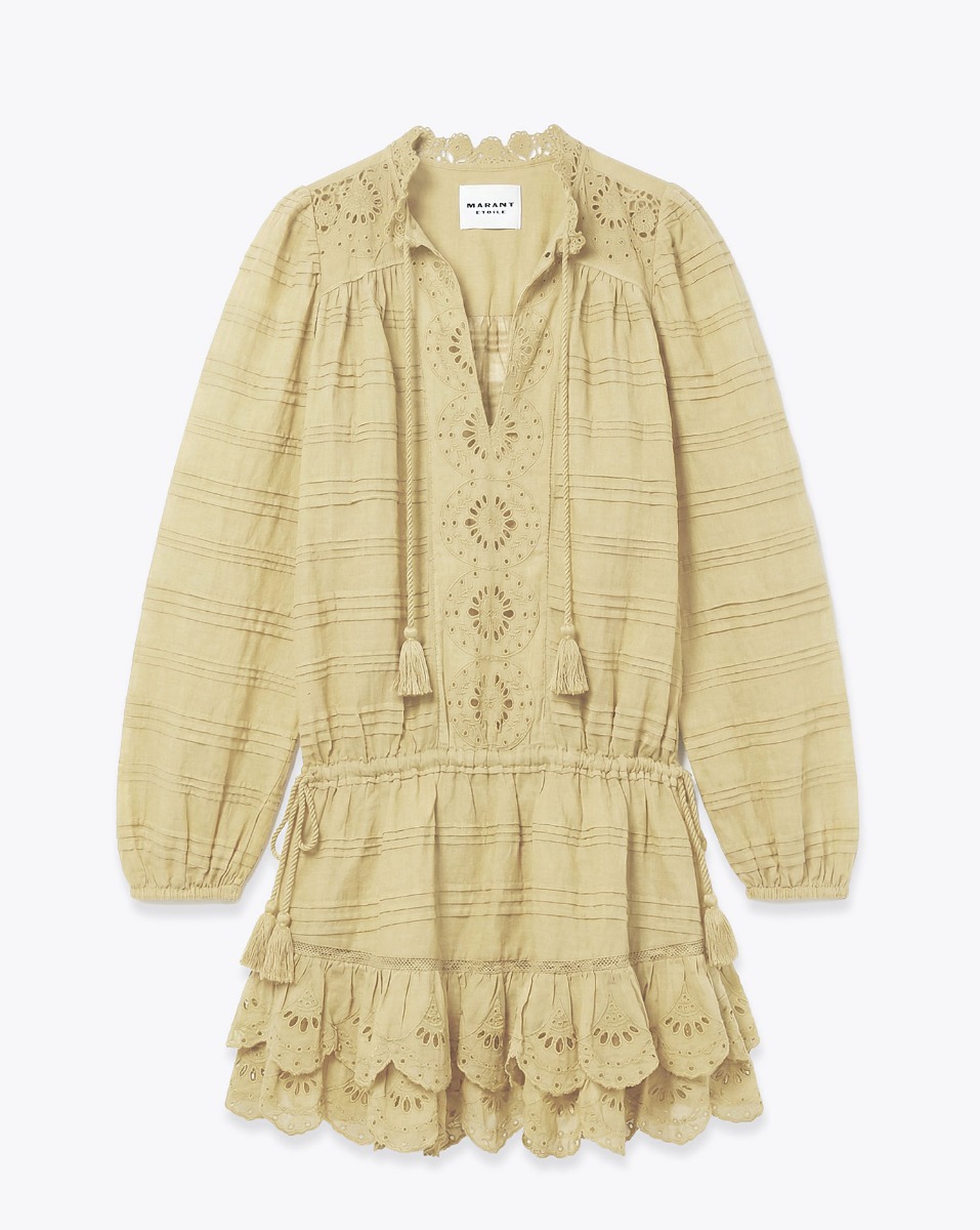 Robe courte manches longues Preya Isabel Marant Etoile en voile de coton ocre clair et dentelle, vue de face.