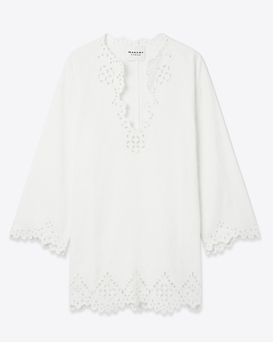 Robe tunique manches longues Sherazade Isabel Marant Etoile en coton blanc ajour&eacute; orn&eacute;e de broderie anglaise, vue de face.