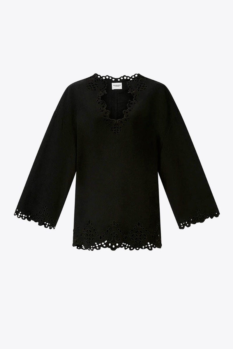 Robe courte tunique Sherazade Isabel Marant Etoile en coton noir et broderies anglaise. Vue de face.