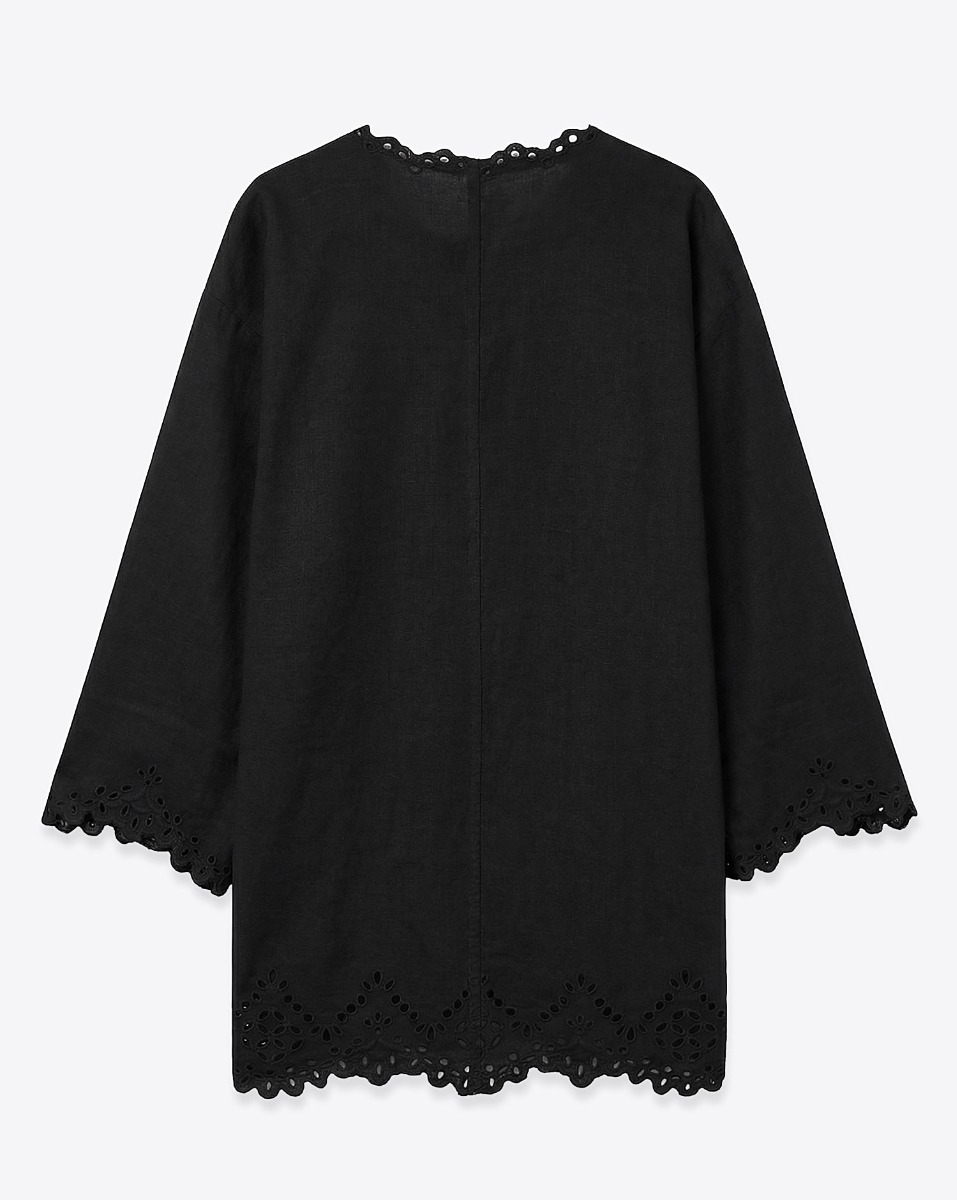 Robe courte tunique Sherazade Isabel Marant Etoile en coton noir et broderies anglaise, vue de dos.