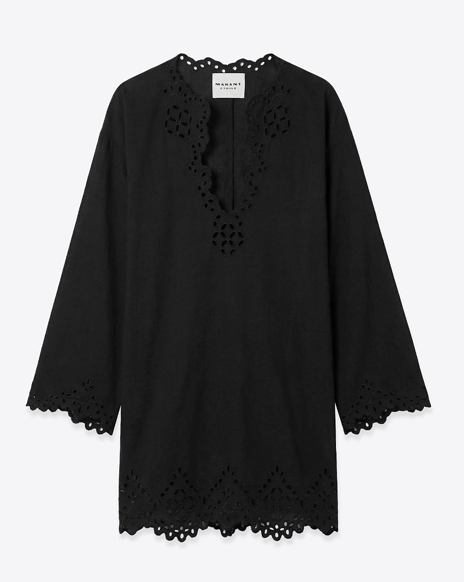 Robe courte tunique Sherazade Isabel Marant Etoile en coton noir et broderies anglaise, vue de face.