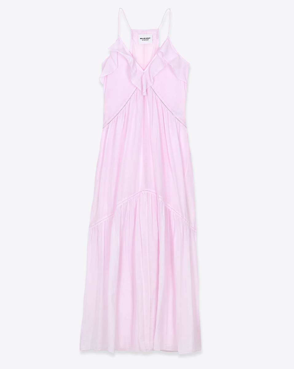 Robe longue &agrave; fines bretelles Vasma Isabel Marant Etoile en voile de coton rose p&acirc;le. Vue de face.