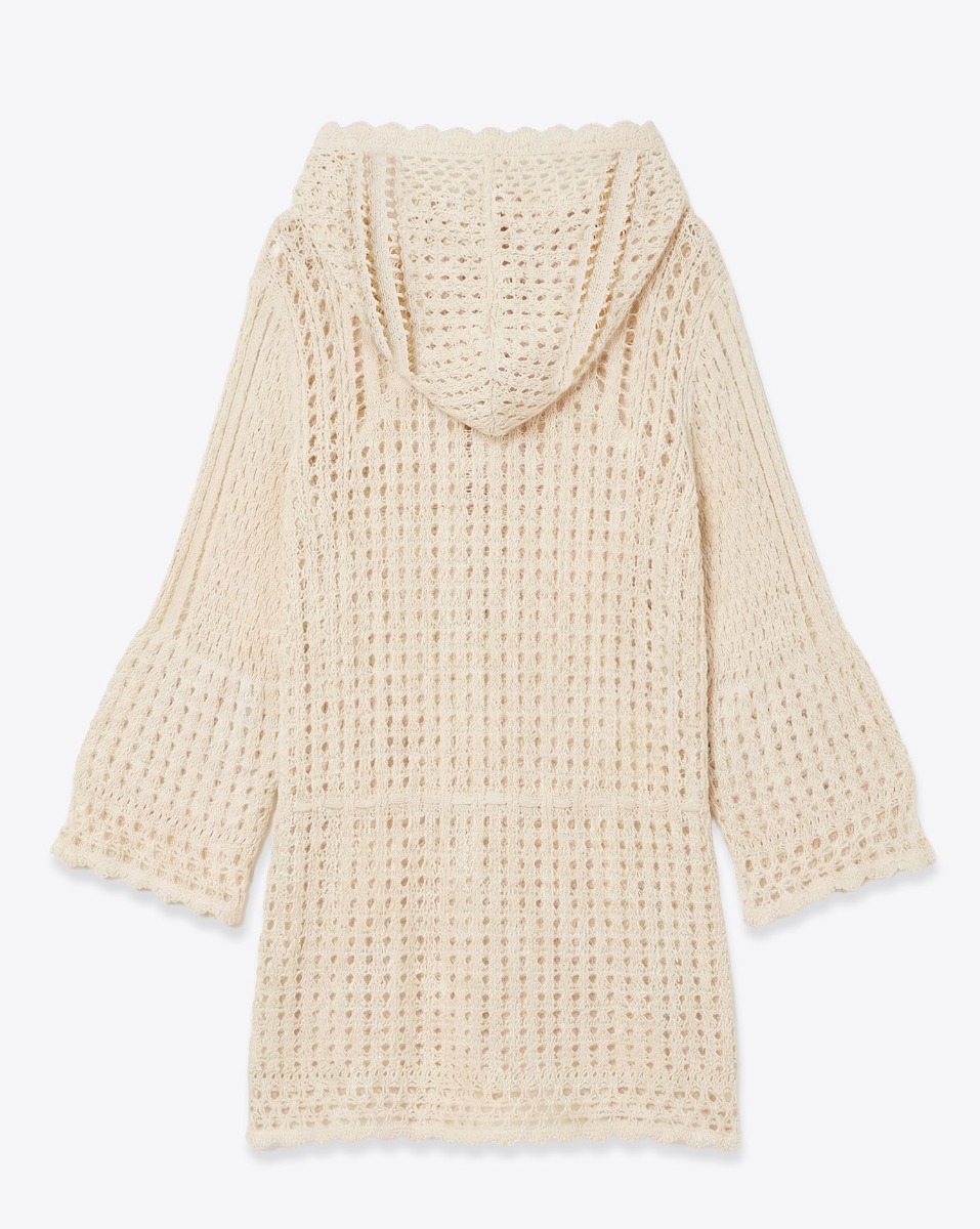 Robe courte manches longues &agrave; capuche Zelnie Isabel Marant Etoile en crochet &eacute;cru, vue de dos.