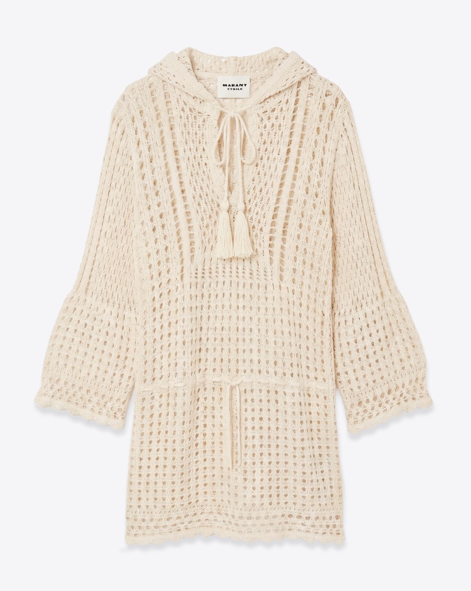 Robe courte manches longues &agrave; capuche Zelnie Isabel Marant Etoile en crochet &eacute;cru, vue de face.