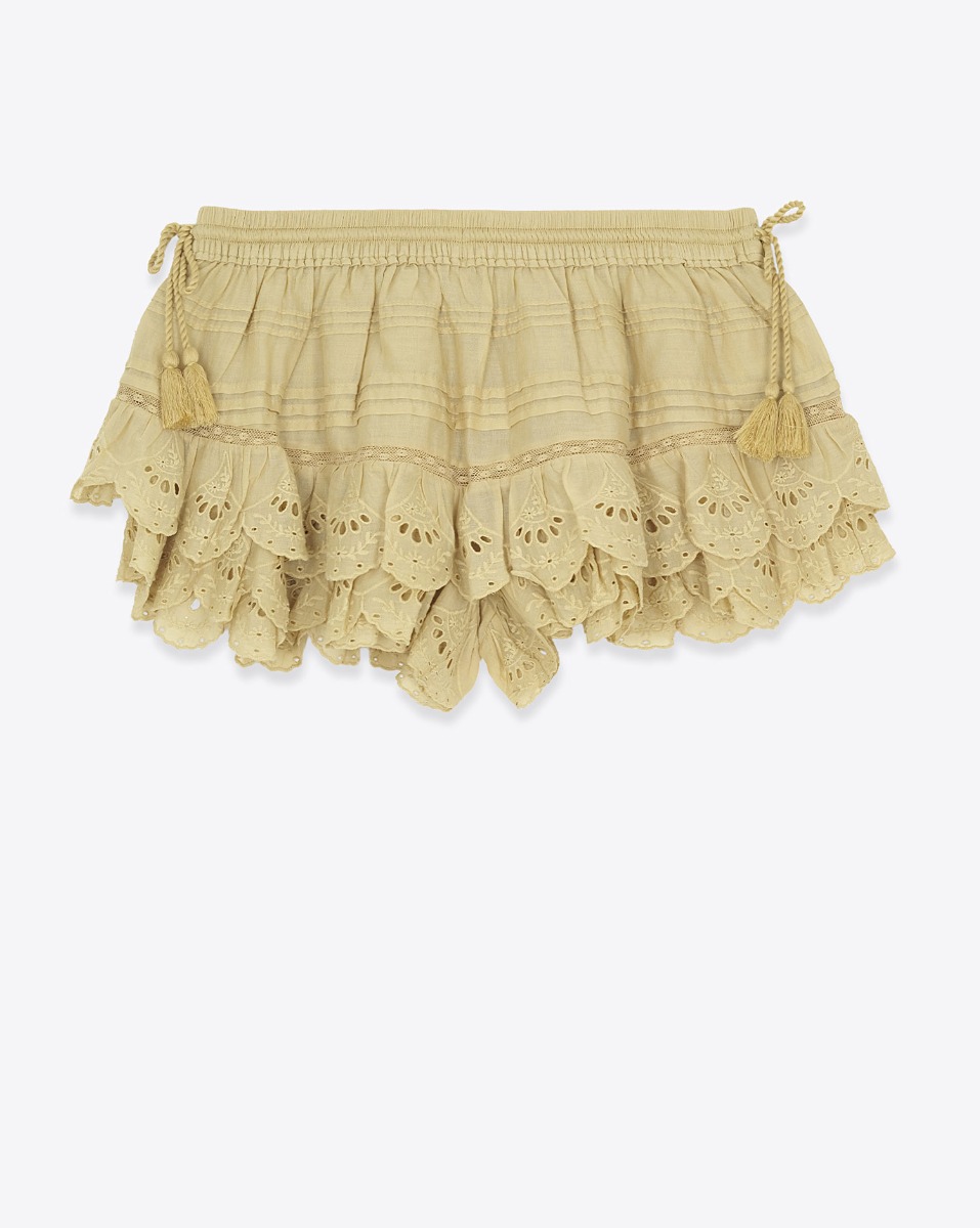 Short Puria Isabel Marant Etoile en voile de coton et en dentelle ocre. Vue de face. 
