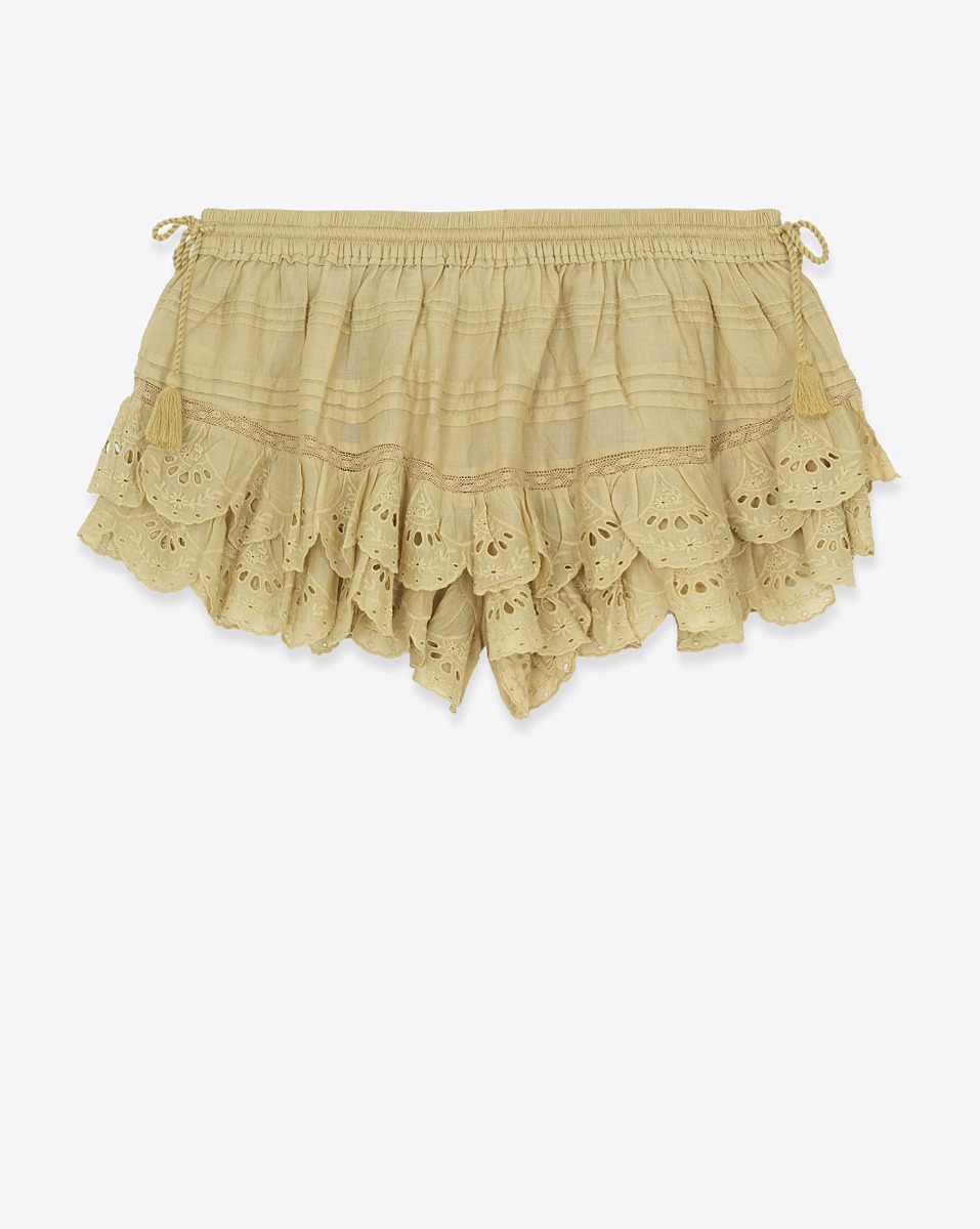 Short Puria Isabel Marant Etoile en voile de coton et en dentelle ocre. Vue de dos.