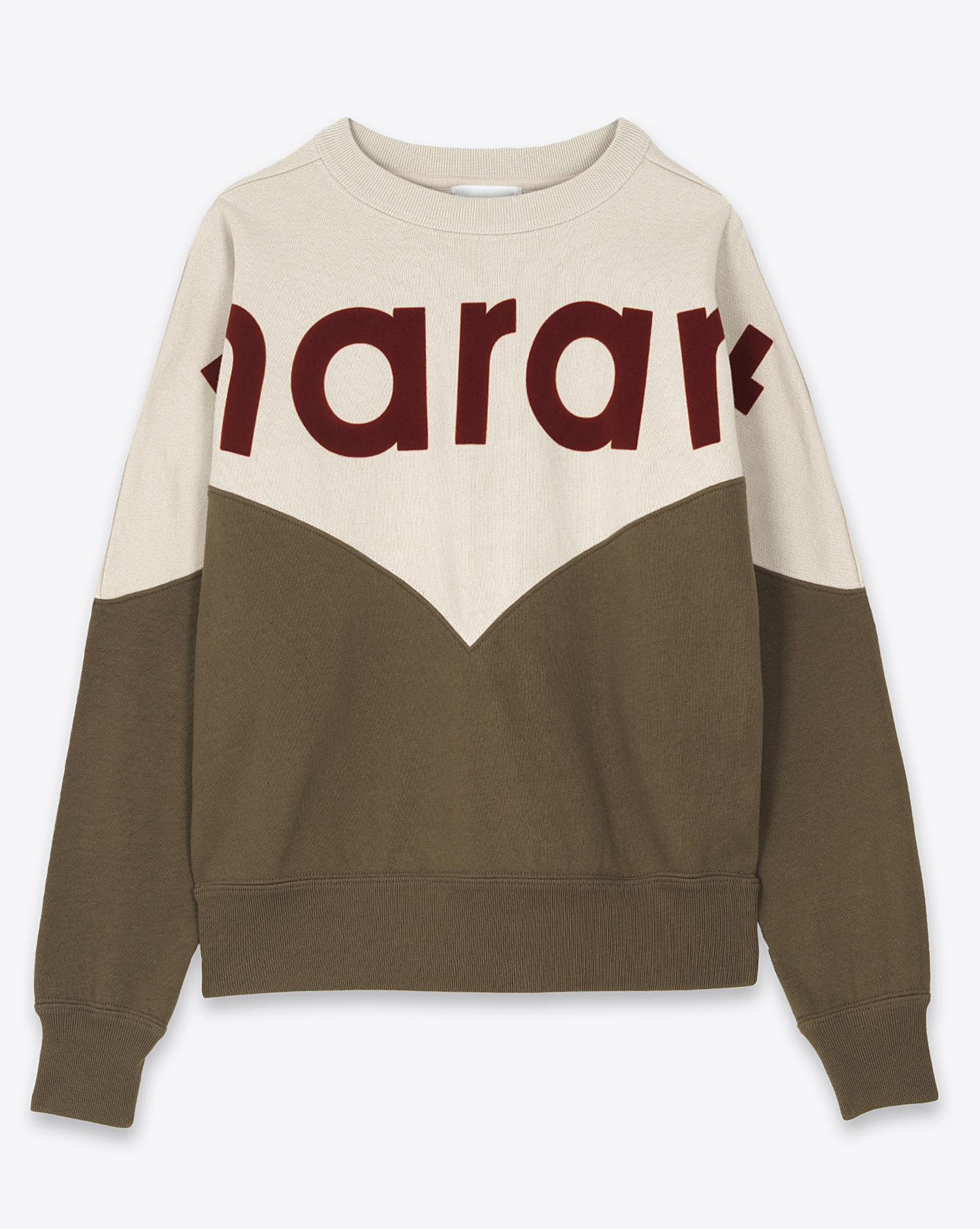 Produit Sweat-shirt Houston à logo Isabel Marant Etoile en coton kaki foncé et écru. Logo "MARANT" floqué bordeaux. Face.