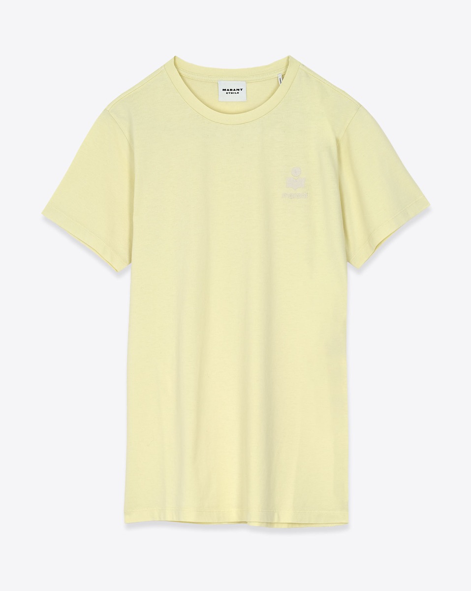 T-shirt Aby Isabel Marant &Eacute;toile en coton jaune p&acirc;le logo bod&eacute; &eacute;cru au-dessus de la poitrine. Vue de face.