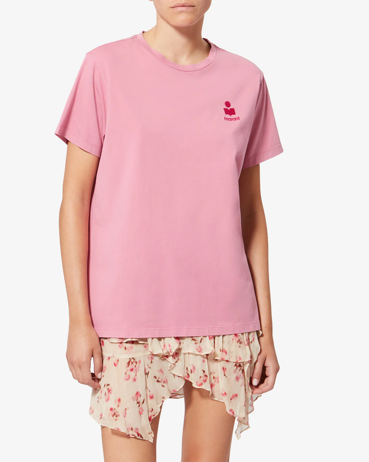 T-shirt droit &agrave; manches courtes en coton rose Bubblegum Aby Isabel Marant Etoile. Logo bordeaux sur le poitrine. Port&eacute; de face.