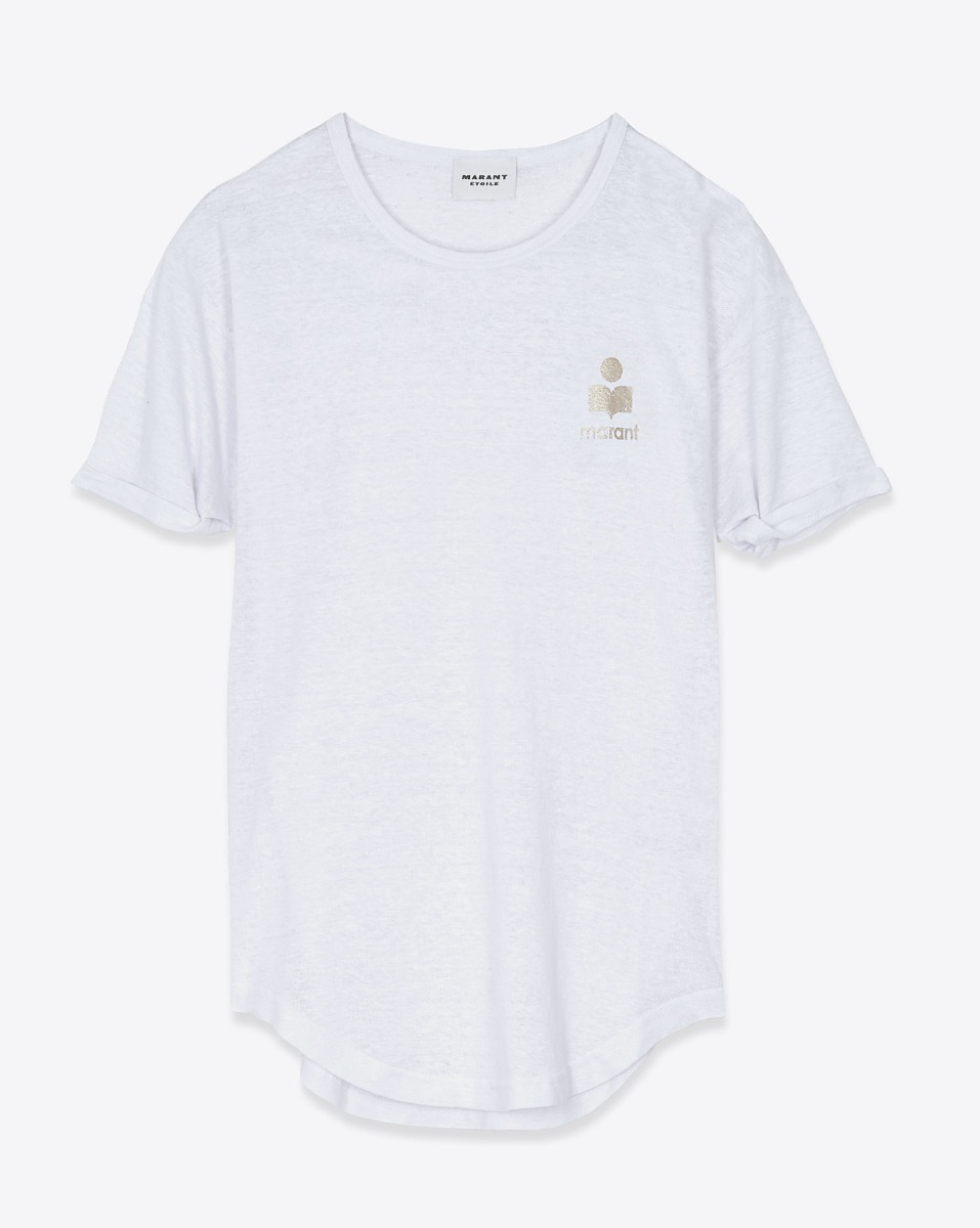 T-shirt Koldia Isabel Marant &Eacute;toile en lin blanc, logo or au-dessus de la poitrine. Vue de face.