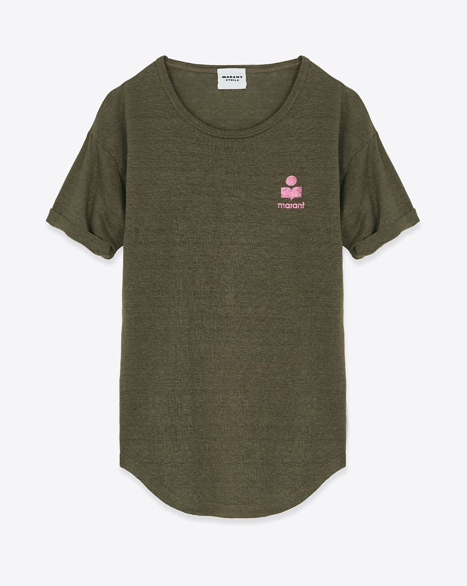 T-shirt ajust&eacute; &agrave; manches courtes roulott&eacute;es koldia Isabel Marant Etoile, logo lam&eacute; rose sur la poitrine. Vue de face. 