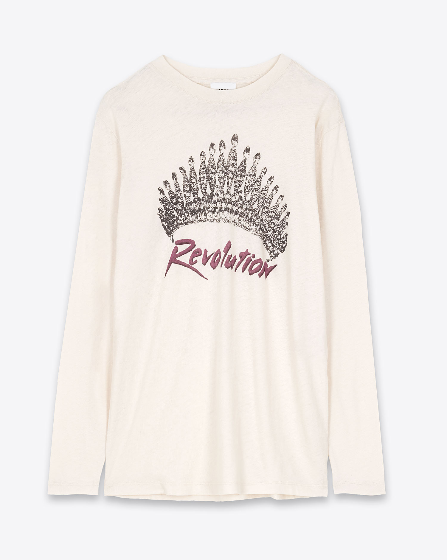 Tee-shirt manches longues écru imprimé placé représentant une tiare et inscription Révolution en rouge sur le devant Martine Isabel Marant Etoile. Face.