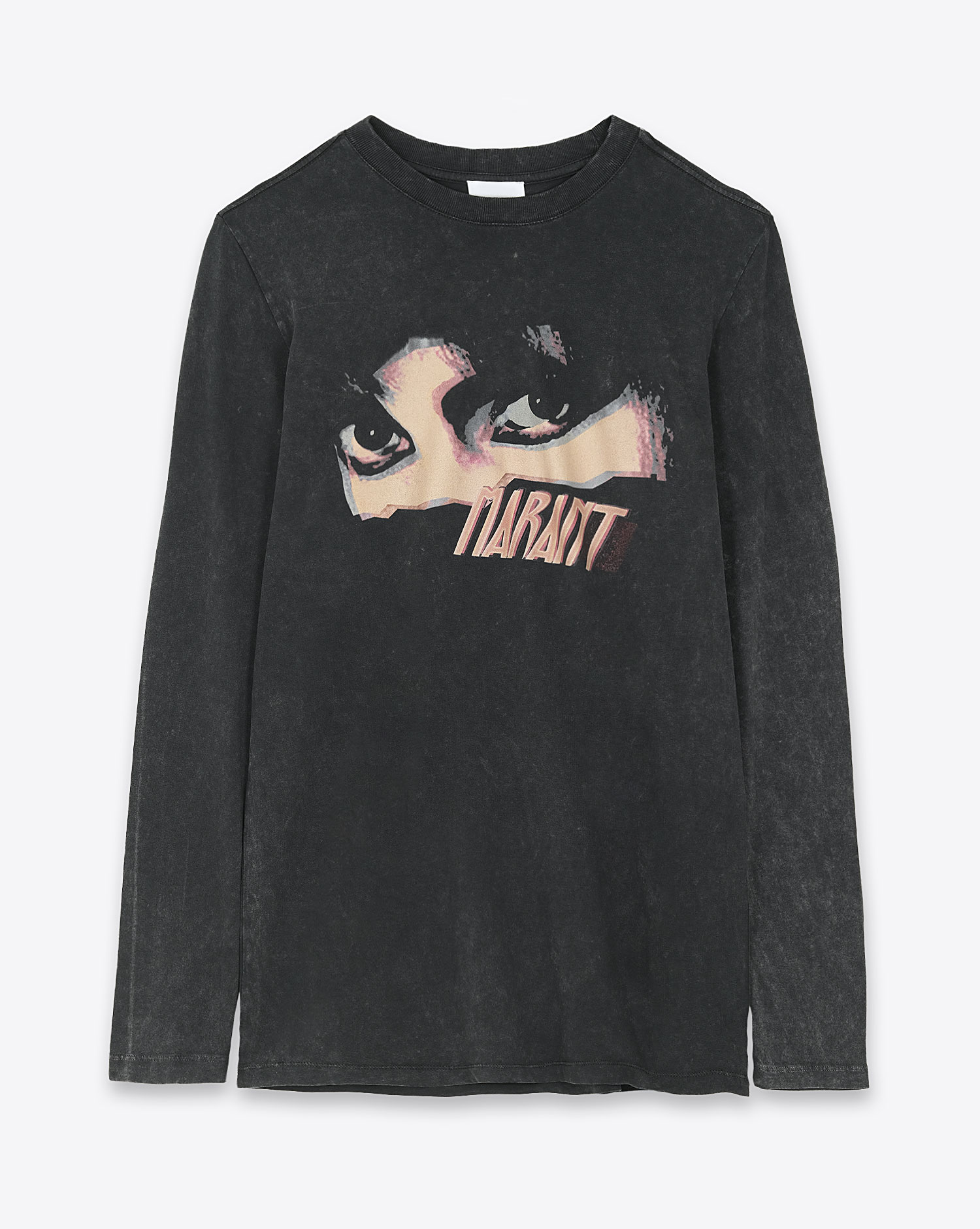 Tee-shirt manches longues en coton noir délavé imprimé placé représentant un regard et logo Marant. Face. 