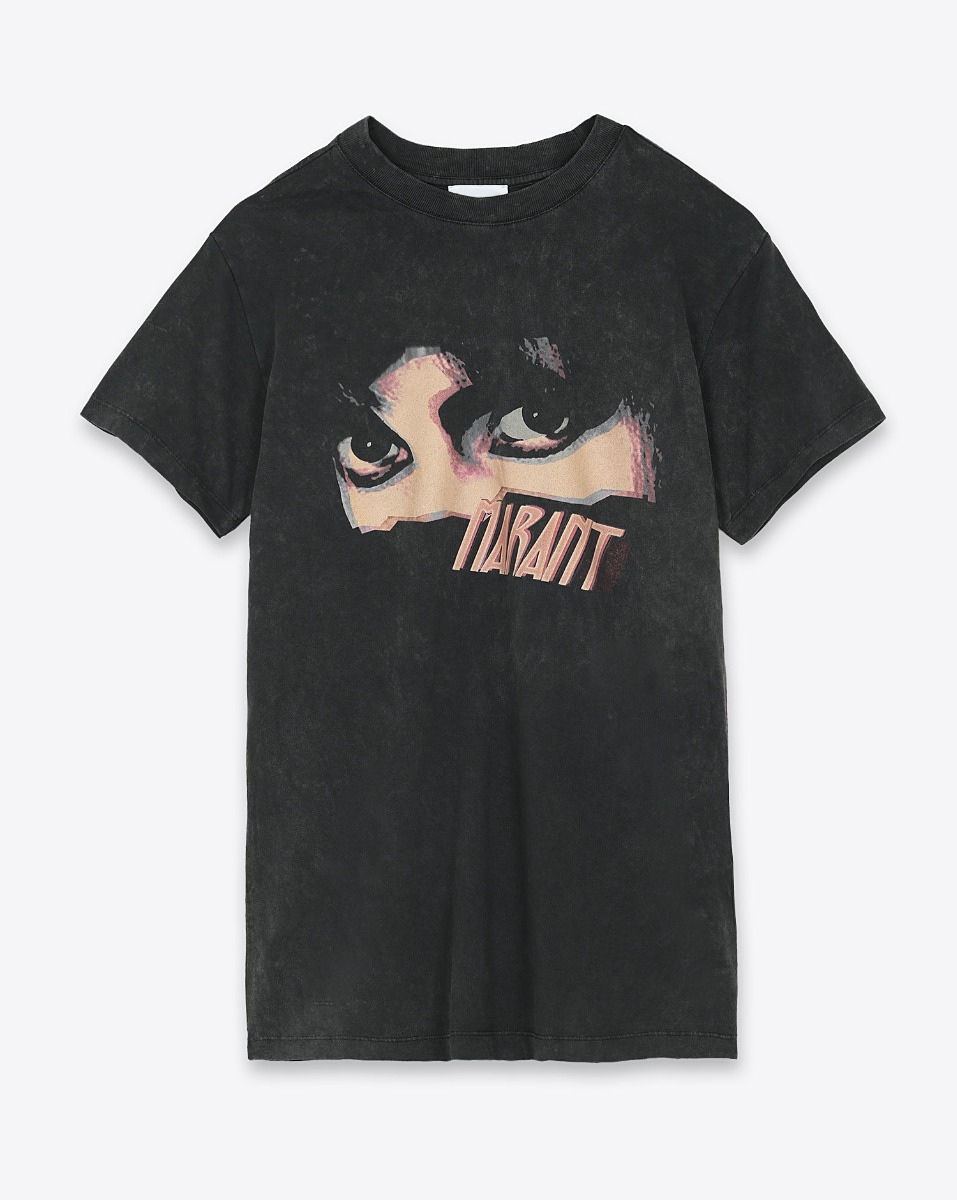 Tee-shirt manches courtes en coton noir délavé imprimé placé représentant un regard avec logo "Marant" Zoeline Isabel Marant Etoile. Face