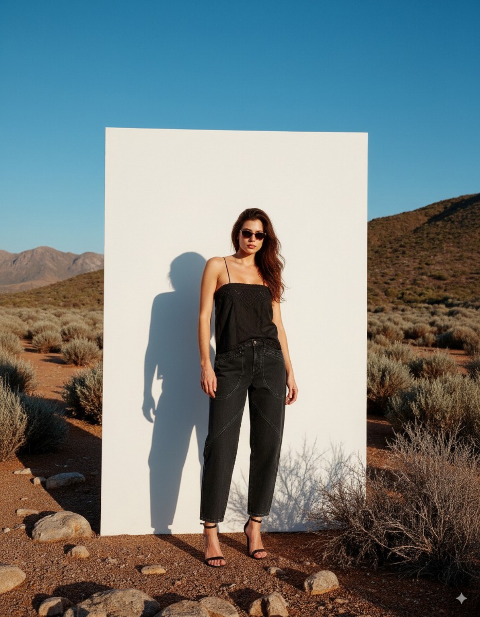 Top Gaelia Isabel Marant Etoile en dentelle de coton noir porté avec un jean noir. Réalisation artistique créée avec l'IA. 