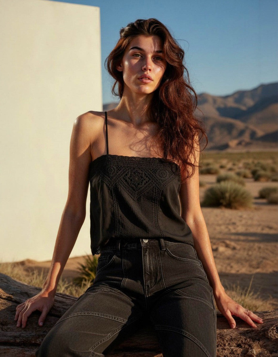 Top Gaelia Isabel Marant Etoile en dentelle de coton noir porté de face. Réalisation artistique créée avec l'IA. 