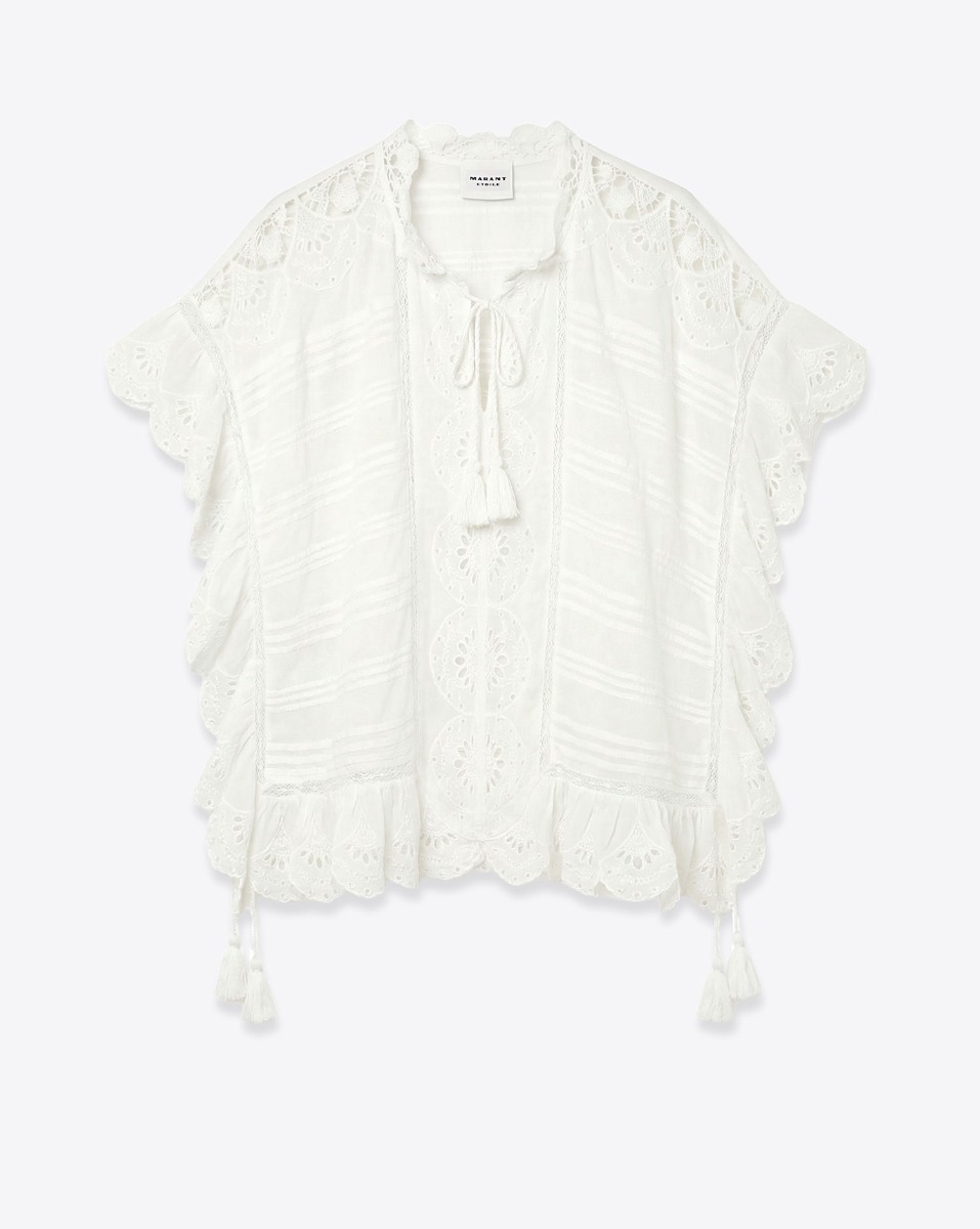 Top Payton Isabel Marant Etoile en voile de coton blanc, dentelle et broderie anglaise, vu de face.