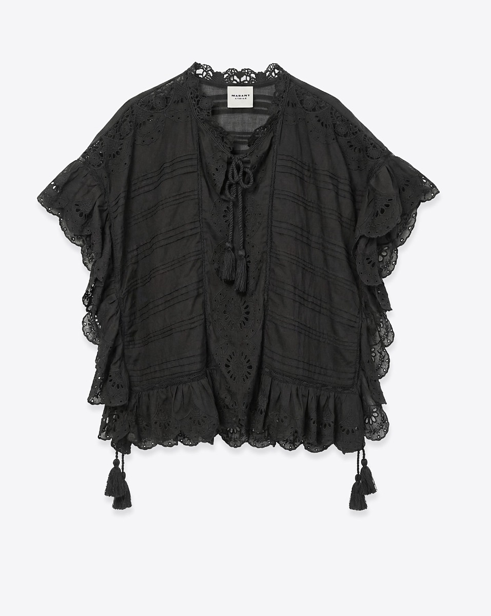 Top Payton Isabel Marant Etoile en voile de coton noir, dentelle et broderie anglaise, vu de face.