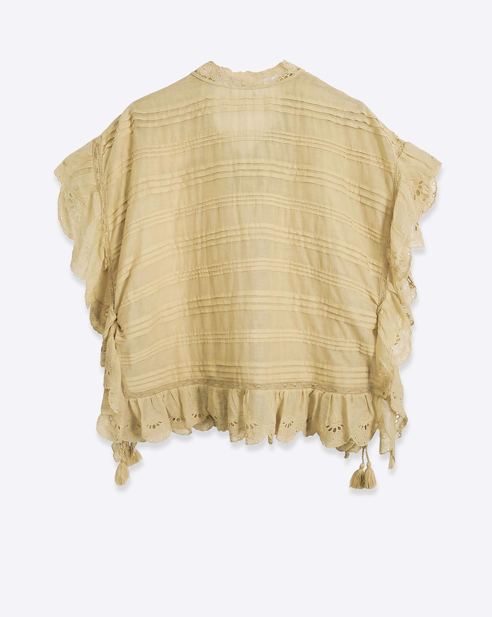 Top Payton Isabel Marant Etoile en voile de coton ocre dentelle et broderie anglaise, vu de dos.