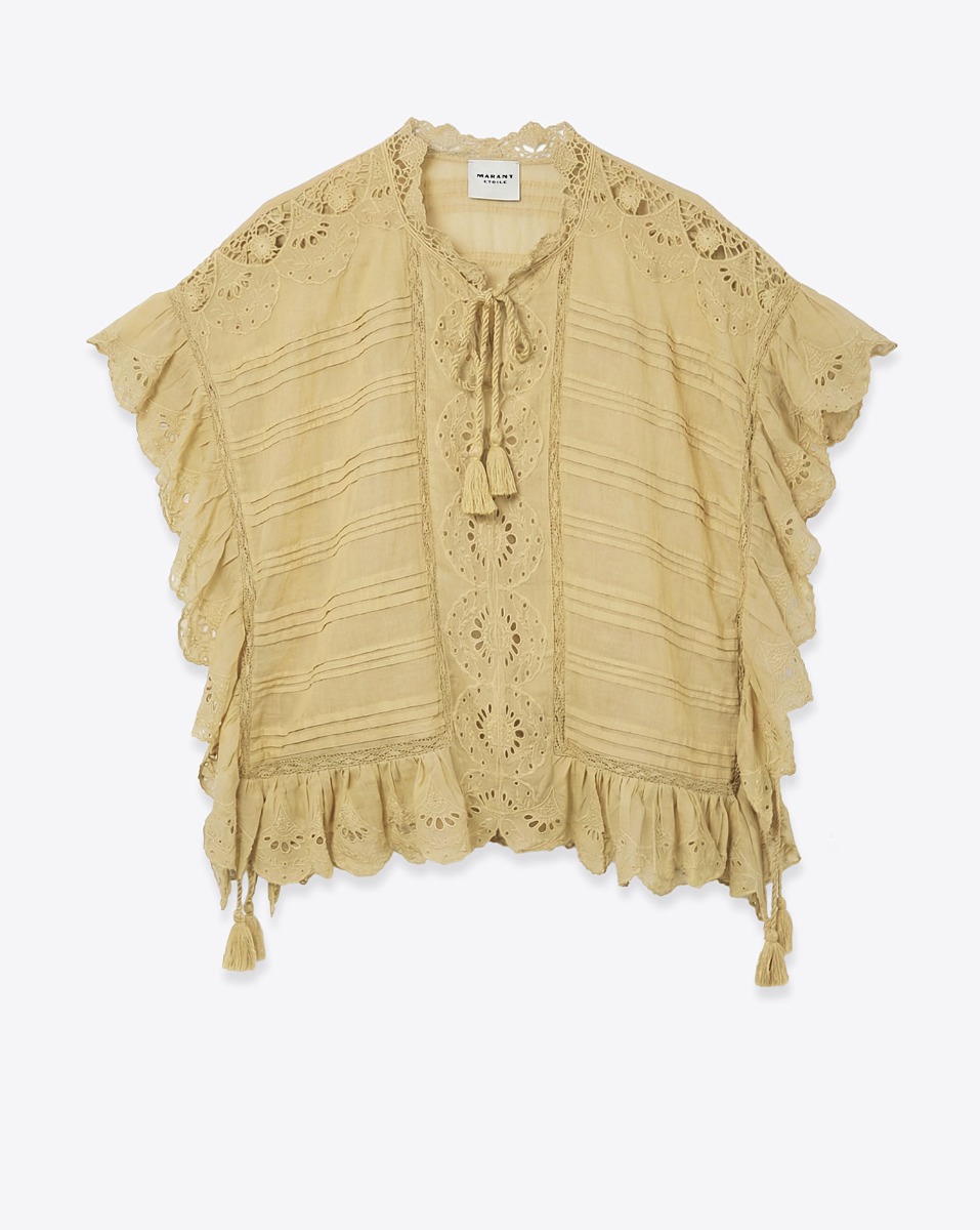 Top Payton Isabel Marant Etoile en voile de coton ocre dentelle et broderie anglaise, vu de face.