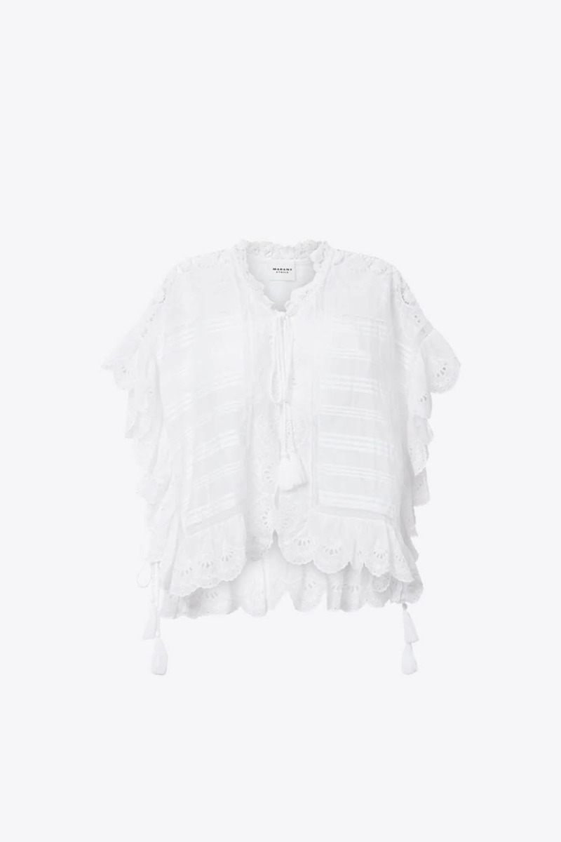 Top Payton Isabel Marant Etoile en voile de coton blanc, dentelle et broderie anglaise. Vue de face.