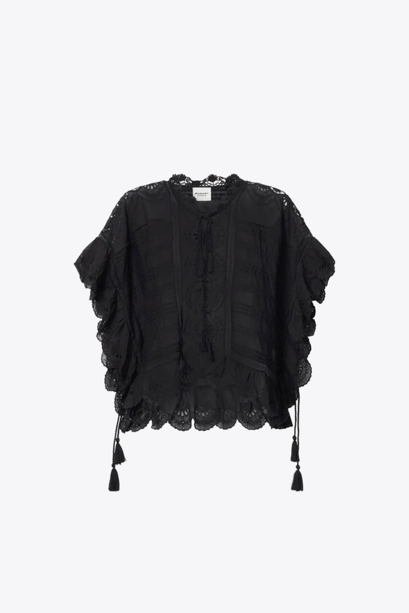 Top Payton Isabel Marant Etoile en voile de coton noir, dentelle et broderie anglaise. Vue de face.