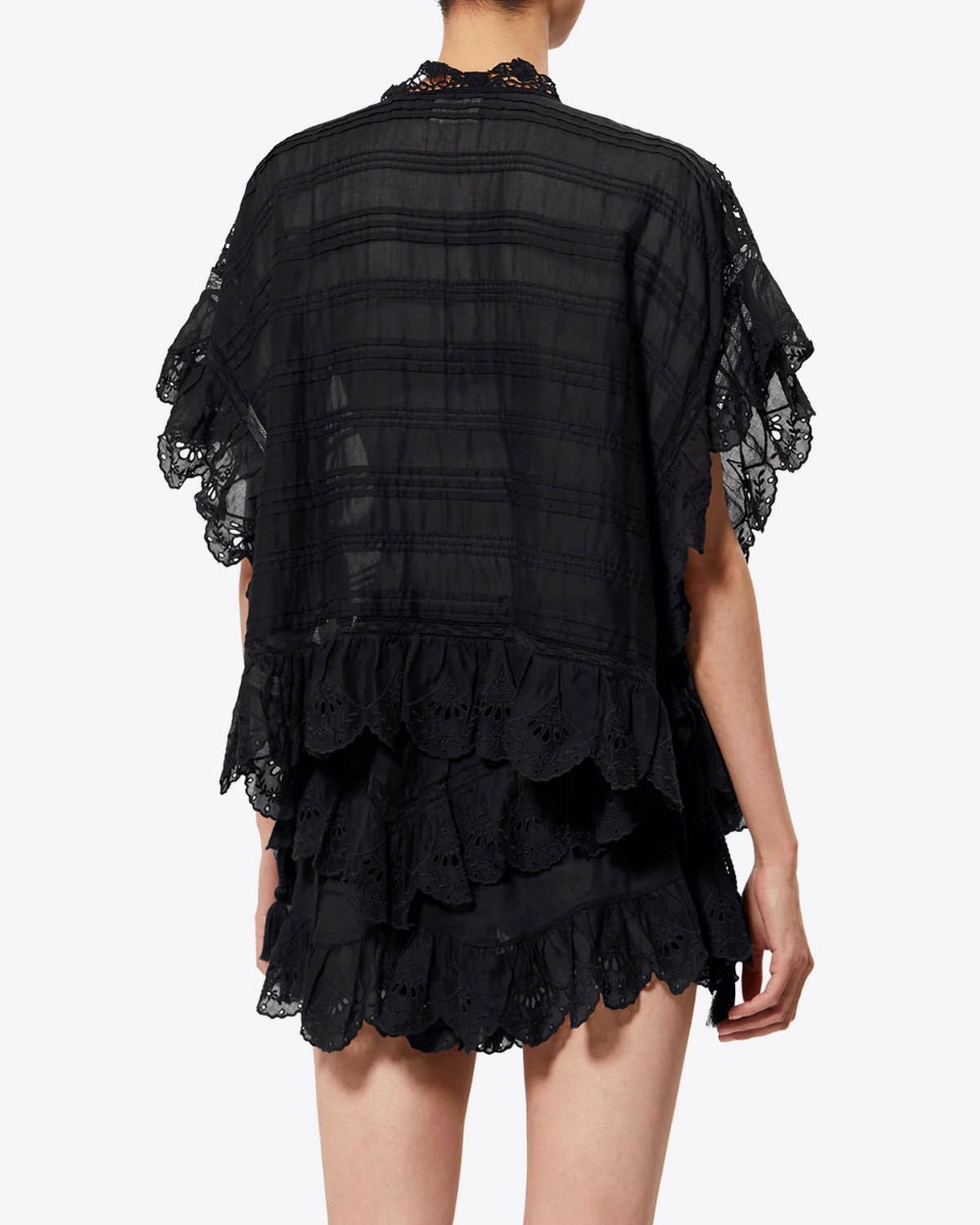 Top Payton Isabel Marant Etoile en voile de coton noir, dentelle et broderie anglaise, port&eacute; de dos.