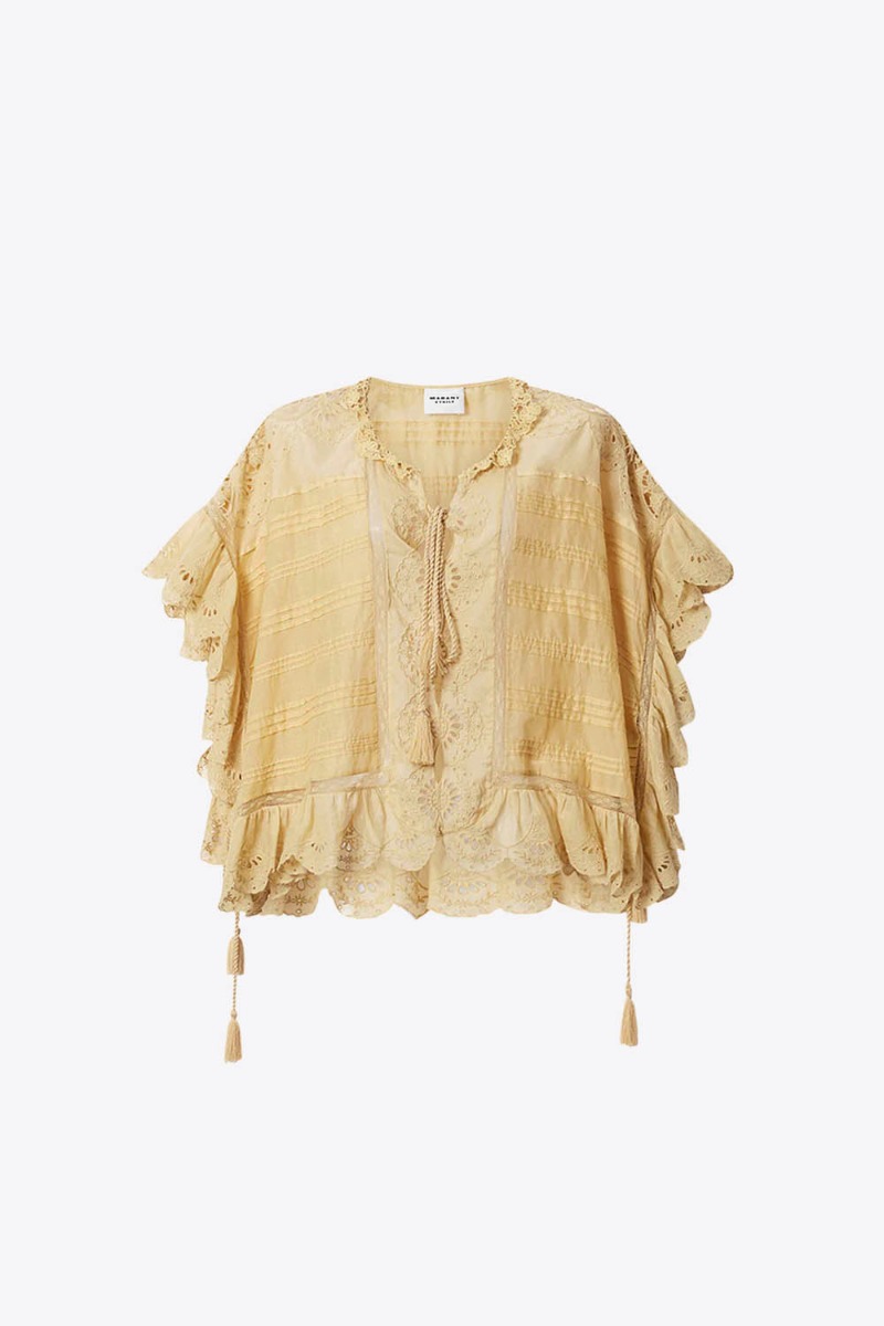 Top Payton Isabel Marant Etoile en voile de coton ocre dentelle et broderie anglaise. Vue de face.