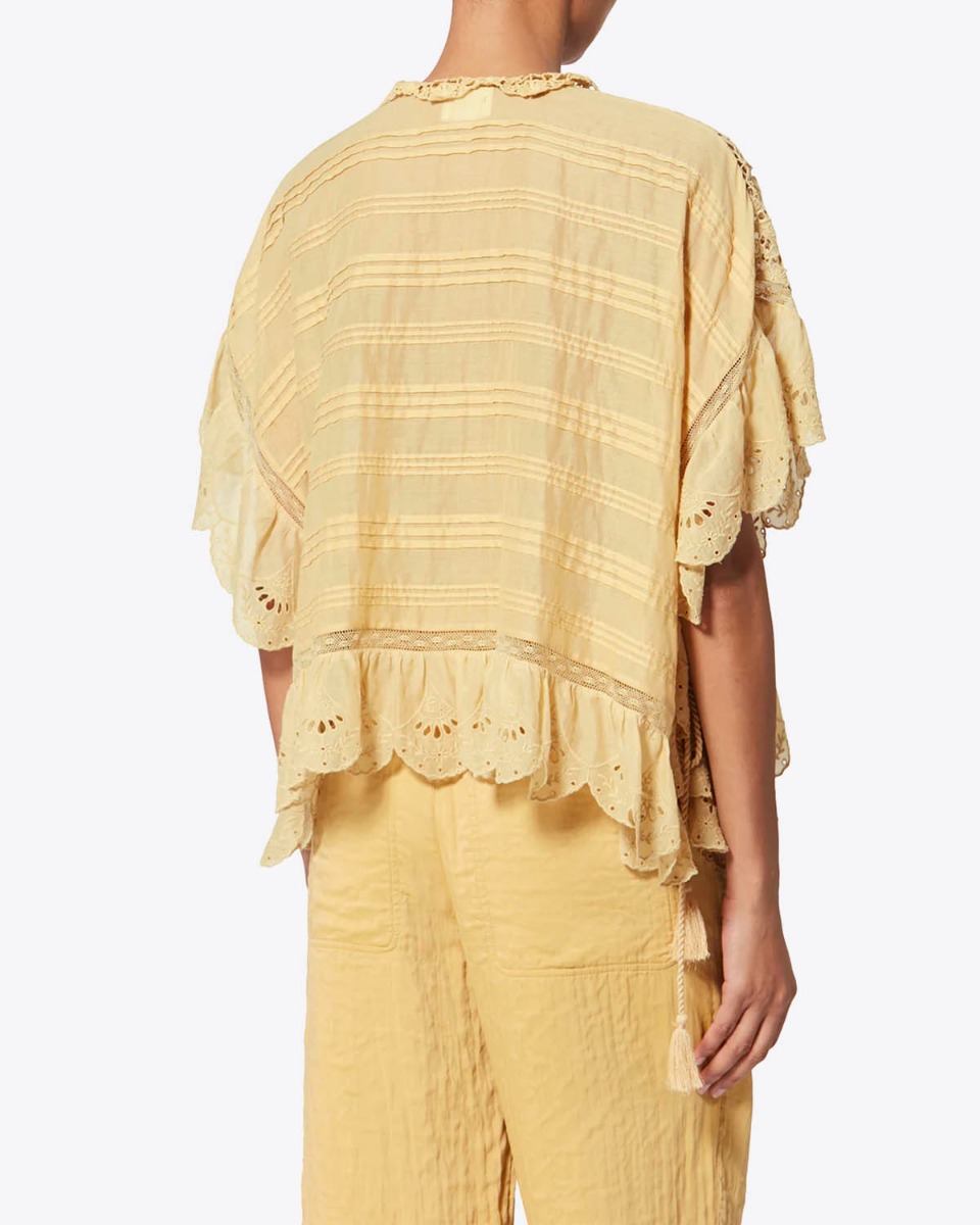 Top Payton Isabel Marant Etoile en voile de coton ocre dentelle et broderie anglaise, port&eacute; de dos.
