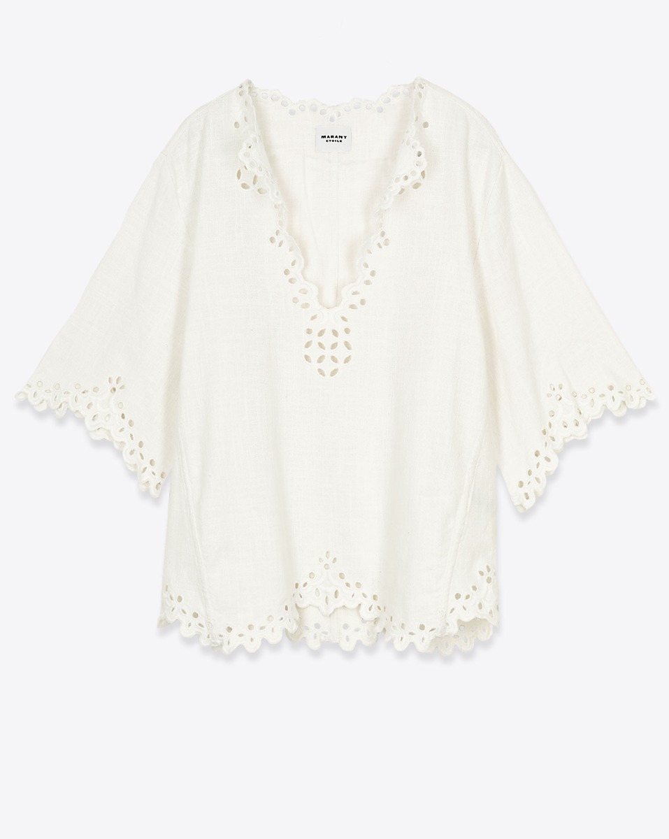 Top manches courtes col V en coton blanc brod&eacute; Shana Marant Etoile. Vue de face.