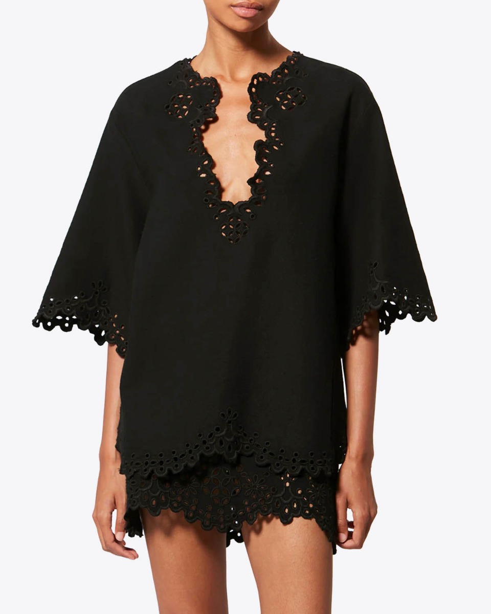 Top Shana Isabel Marant Etoile en coton brod&eacute; noir, port&eacute; de face.