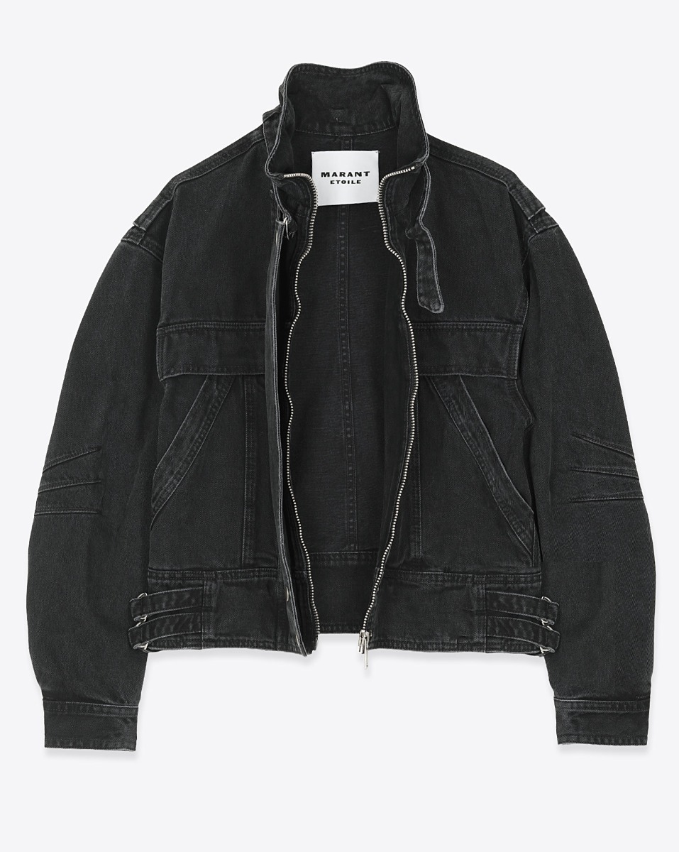 Veste en jean Joseline Isabel Marant Etoile en coton noir d&eacute;lav&eacute;. Vue de face ouverte. 