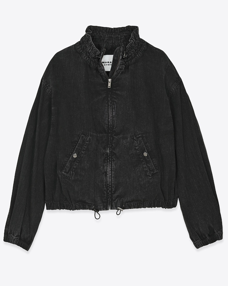 Veste courte Plume Isabel Marant Etoile en chambray noir d&eacute;lav&eacute;. Vue de face ferm&eacute;e.