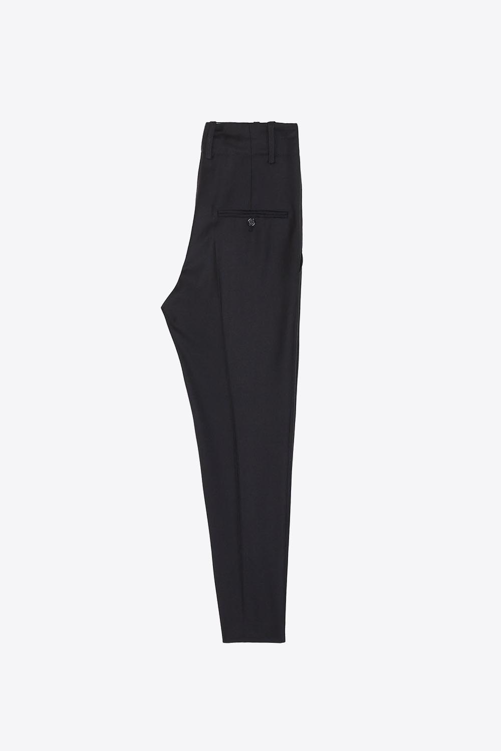 Produit Pantalon esprit masculin en laine froide noir Noah Isabel Marant vestiaire. Profil. Détail des poches passepoilées à l'arrière fermées avec un bouton.  