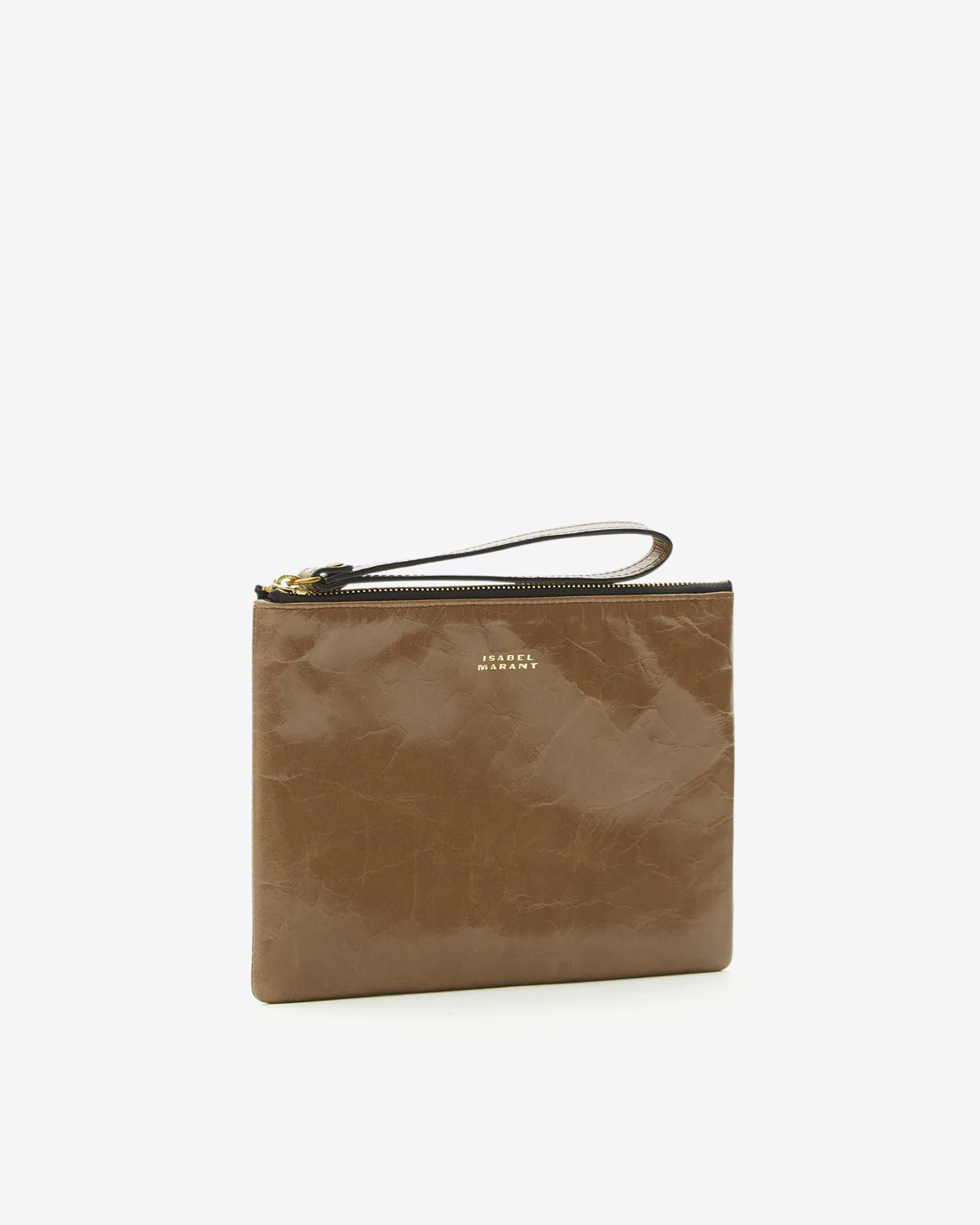 Pochette avec anse porté main en cuir glacé kaki foncé Mino Isabel Marant. Profil.