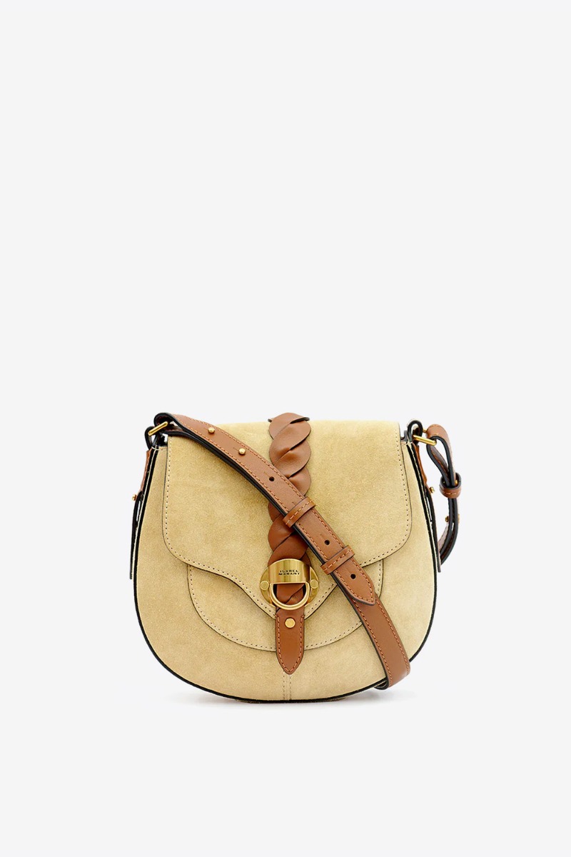 Produit Sac Altay Small Isabel Marant en cuir suédé beige et cuir lisse naturel. Porté épaule ou croisé. Face.