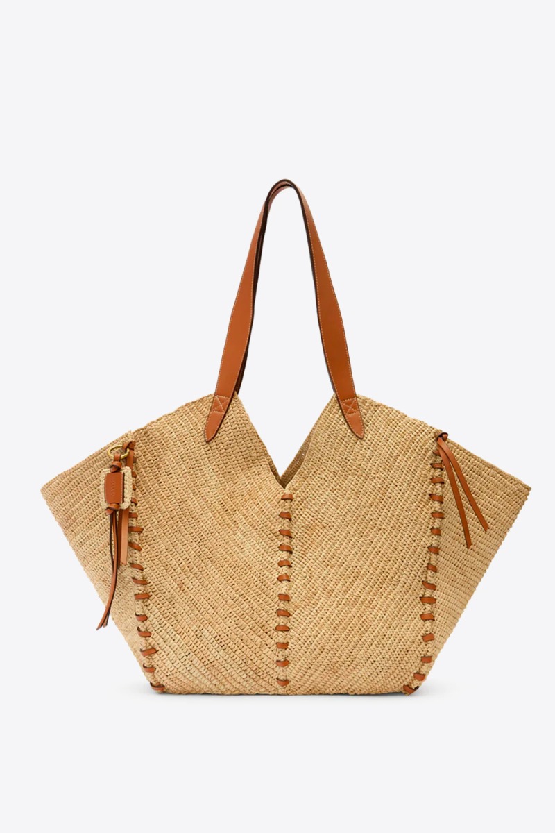 Panier en osier Tampa Isabel Marant en raphia naturel et cuir cognac, vu de face.
