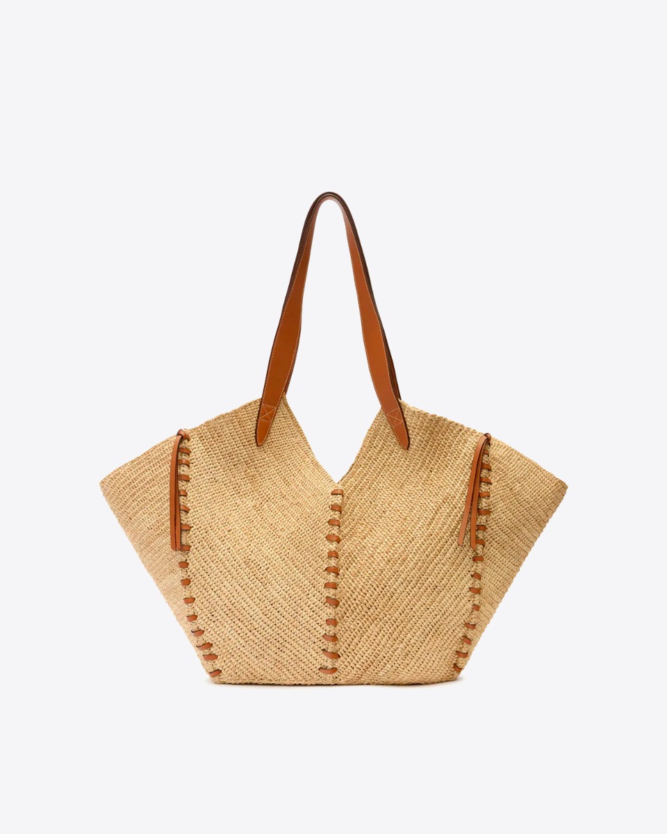 Panier en osier Tampa Isabel Marant en raphia naturel et cuir cognac, vu de dos.