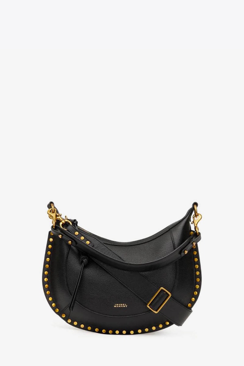 Sac Naoko Isabel Marant en cuir grain&eacute; noir. Vue de face. D&eacute;tail de l&rsquo;anse et de la bandouli&egrave;re longue. 