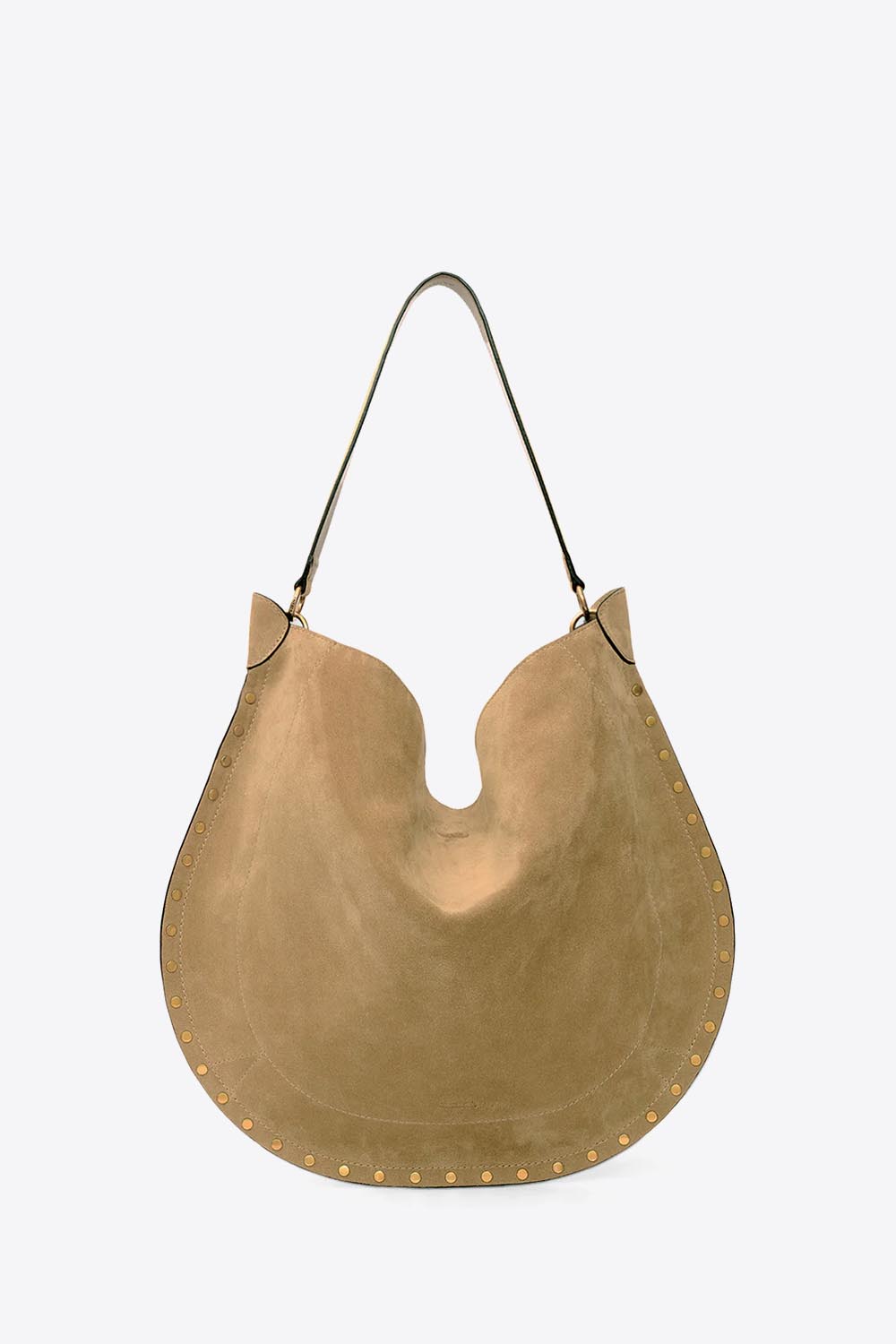 Sac Oskan Hobo soft Isabel Marant en cuir suédé taupe et clous dorés. Anse en cuir pour un porté épaule. Face. 