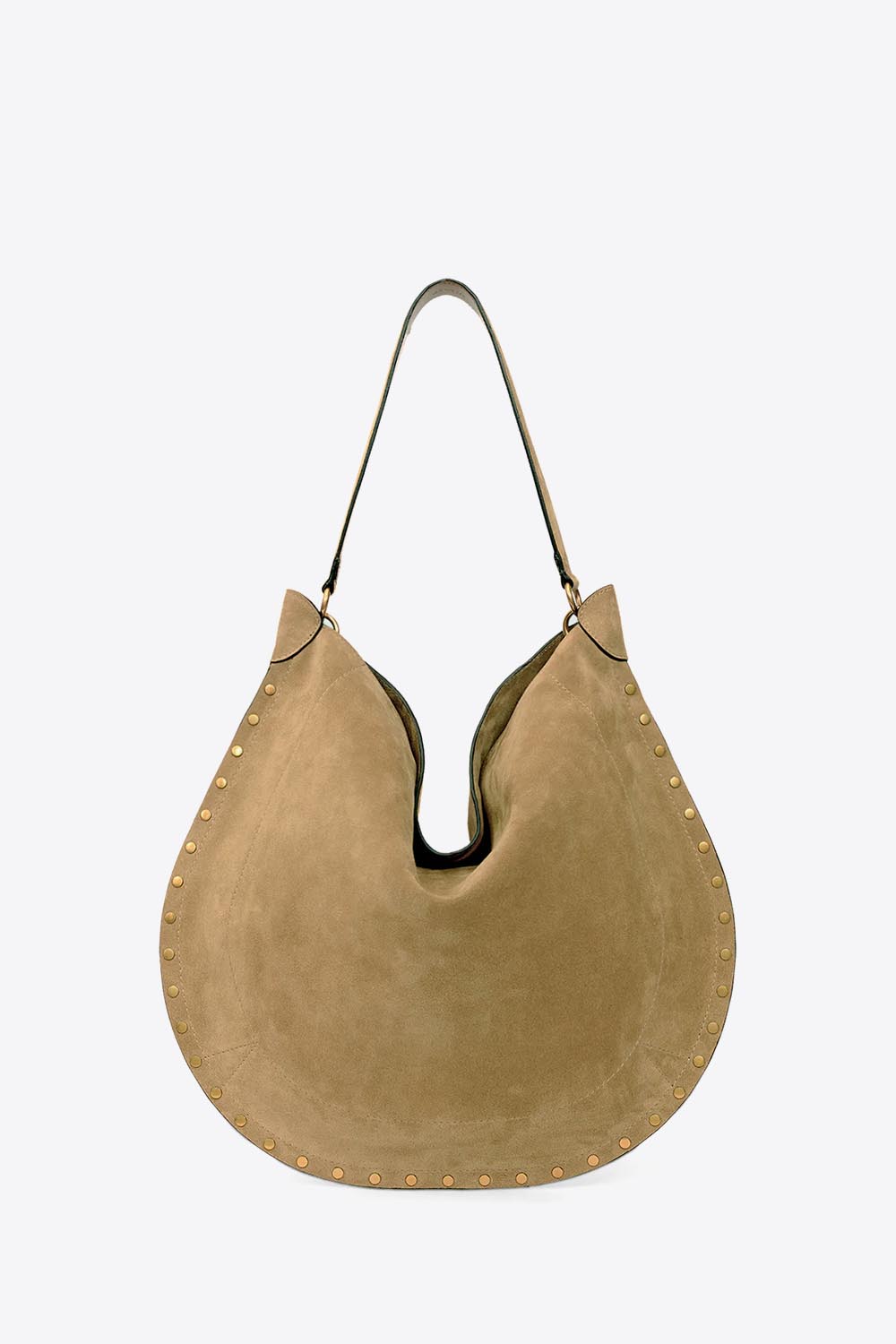Produit Sac Oskan Hobo soft Isabel Marant en cuir suédé taupe et clous dorés. Anse en cuir pour un porté épaule. Dos.